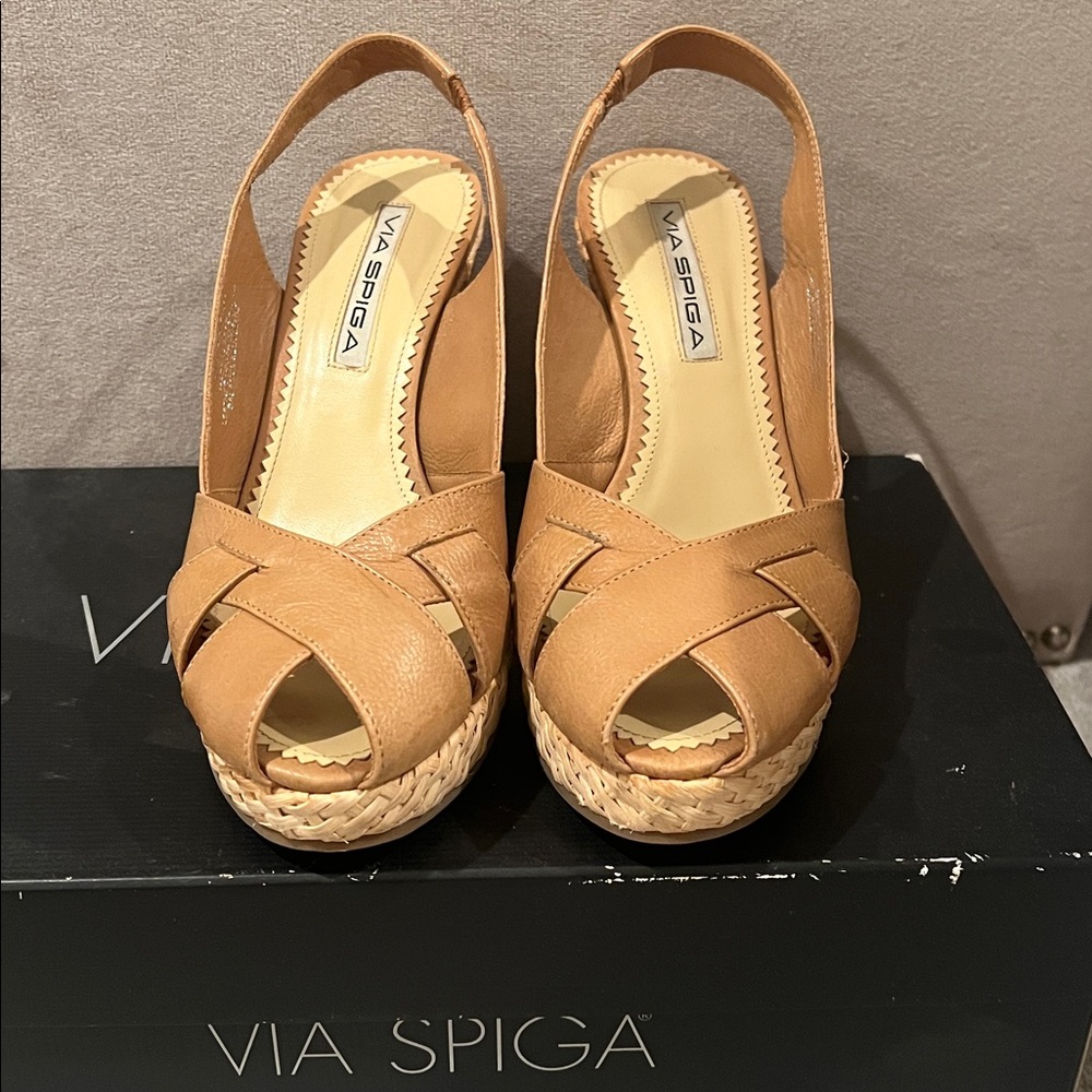 Via Spiga Camel Wedge Sandals - Picture 1 of 6